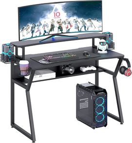 Gaming Desk, Computer Desk with Large Monitor Stand and Open Shelf, PC Laptop Gamer Table Workstation with Cup Holder, Headphone Hook, 2 Speaker Stand for Home Office MULTIPLE COLOURS AVAILABLE (FREE POSTAGE)