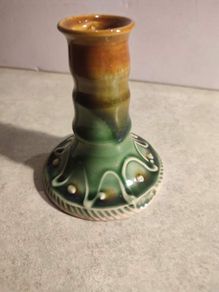 Rare Find Candlestick Holders Ireland Castle Arch Pottery Kilkenny Handmade Studio Art Cobalt browne Green Original Sticker Table Accent. just one