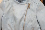 As new suede effect bomber style jacket, baby blue, worn only for confirmation