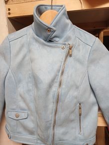 As new suede effect bomber style jacket, baby blue, worn only for confirmation