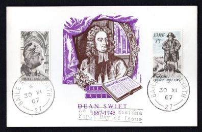1967 Ireland Tercentenary of the Birth of Dean Jonathon Swift Commemorative Stamps Illustrated First Day Card