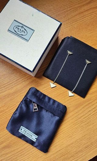Prada Triangle Sterling Silver Chain Drop Earrings