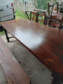 Antique 8 seater solid French monastery Oak table plus 4 seater bench and 4 chairs