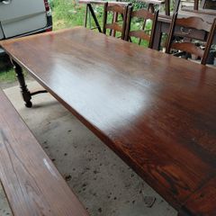 Antique 8 seater solid French Oak table plus 4 seater bench and 4 chairs