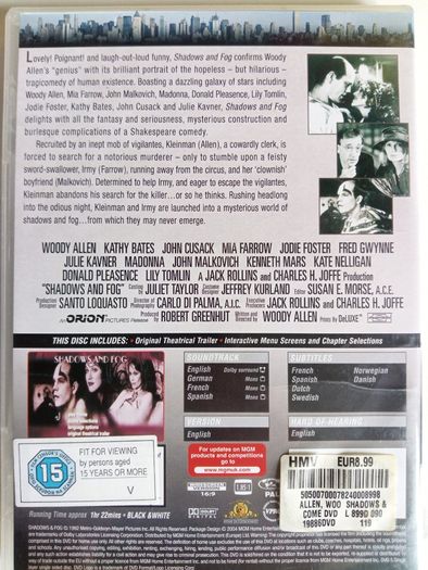 Shadows And Fog (Woody Allen Film) [1991] Woody Allen, Mia Farrow, John Malkovich, John Cusack, Madonna & Kenneth Mars [1xDVD Movie]