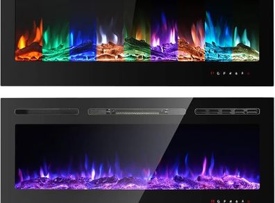 Electric Fireplace Touch Screen Glass Panel Colorful Flame Insert Wall Mounted Heater Remote Control with Crystal&Log Set,900/1800W(102CM, Black