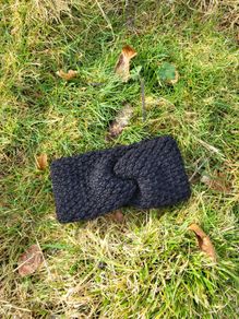 Handmade crochet warm knot twisted headband, black wooly ear warmer