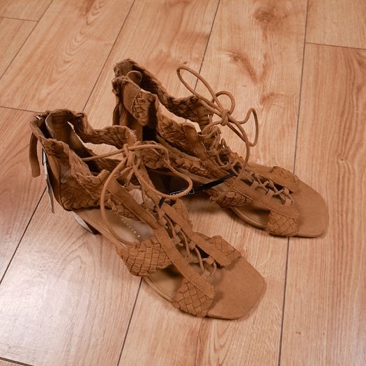 Zara Brown Tan Woven Lace-Up Gladiator Block Heel Sandals 6UK/39EU