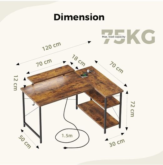 L-Shaped Desk with LED, 120x70cm Computer Desk with Monitor Stand