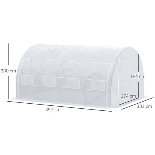 4 x 3 x 2 m Polytunnel Greenhouse w/ Roll-up Side Walls, Steel Frame Walk-in Grow House Tent w/ Zippered Door and 8 Windows and Reinforced Cover for Garden and Backyard, White