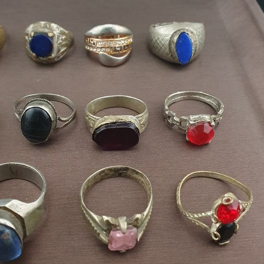 Antique Lot of 15 Handmade Brass Rings Mixed Gemstone & Glass Designs