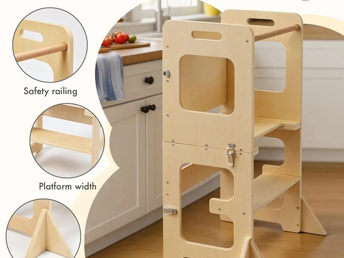 Learning Tower for Children, Foldable Montessori Learning Tower, 3 in 1 Learning Stool with Blackboard, Montessori Kitchen Helper Learning Tower from 18 Months (Wood)