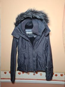 womens girls SUPERDRY wind attacker grey Jacket coat with fur hood Size 2XS double extra small winter walking hiking trekking