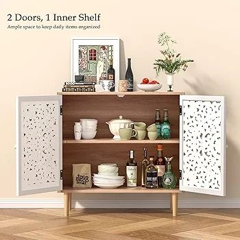 Wood Carving Sideboards for Living Room Cabinets Vintage Hollow Buffet Accent Cabinet with Adjustable Shelf, Magnetic Closure, Cupboard for Kitchen, Dining Room, Hallway 80 x 35 x 78 cm