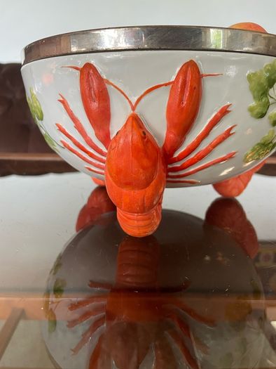 Antique WMF Lobster and Seaweed Silver Plated Trim Porcelain Round Serving Bowl 1920s