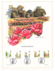 1980 Great Britain Limited Edition Lithographed Print measuring 333mm X 257mm showing London Landmarks Commemorative stamps with First Day of Issue Cancel