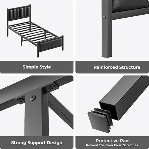 Single Bed Frame with Upholstered Headboard, 3ft Metal Beds with Sturdy Steel Slats Support Platform, Black Single Bed with Storage, Noise Free, Easy Assembly