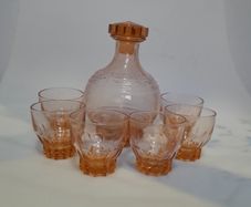 Peach Glass Decanter and Six Glasses