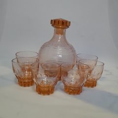 Peach Glass Decanter and Six Glasses