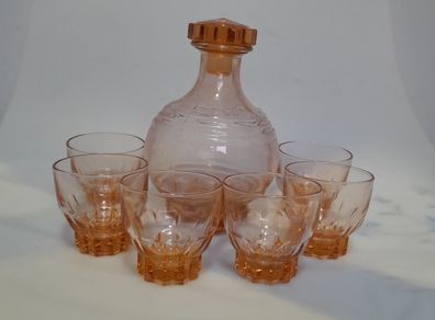 Peach Glass Decanter and Six Glasses