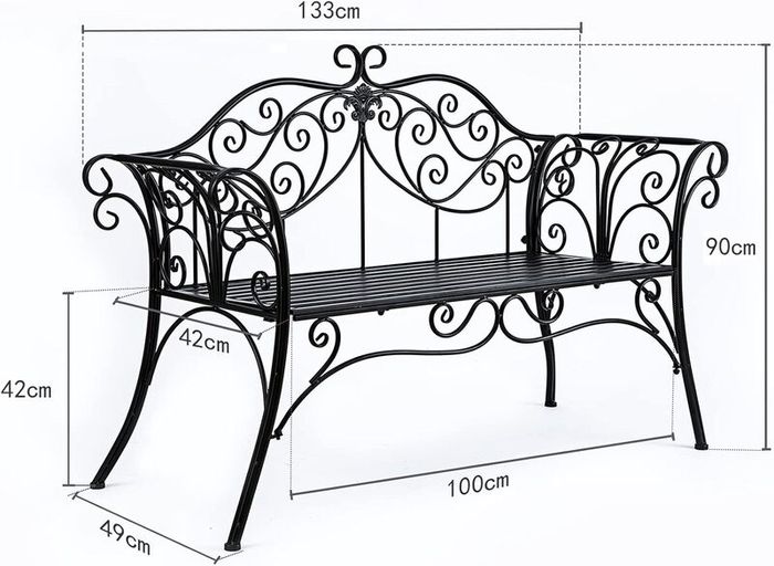 Black 2-Seater Garden Bench, Wrought Iron Frame with Decorative Cast Aluminium Backrest, Outdoor Patio & Porch Seating, 250kg Capacity