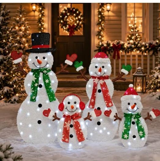 48 in 4-Piece 2D Lighted Snowman Family Outdoor Christmas Decorations, 100 LED Yard Display with Stakes and Zip Ties for Lawn, Porch, Garden and Indoor Holiday Decor