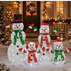 48 in 4-Piece 2D Lighted Snowman Family Outdoor Christmas Decorations, 100 LED Yard Display with Stakes and Zip Ties for Lawn, Porch, Garden and Indoor Holiday Decor