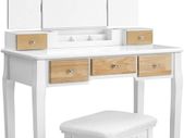Dressing Table with Folding Mirror and 5 Drawers, Cosmetic Table with Removable Makeup Organiser, Dressing Table with Solid Wood Legs, with Stool, White Natural