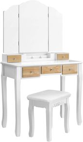 Dressing Table with Folding Mirror and 5 Drawers, Cosmetic Table with Removable Makeup Organiser, Dressing Table with Solid Wood Legs, with Stool, White Natural