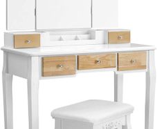 Dressing Table with Folding Mirror and 5 Drawers, Cosmetic Table with Removable Makeup Organiser, Dressing Table with Solid Wood Legs, with Stool, White Natural