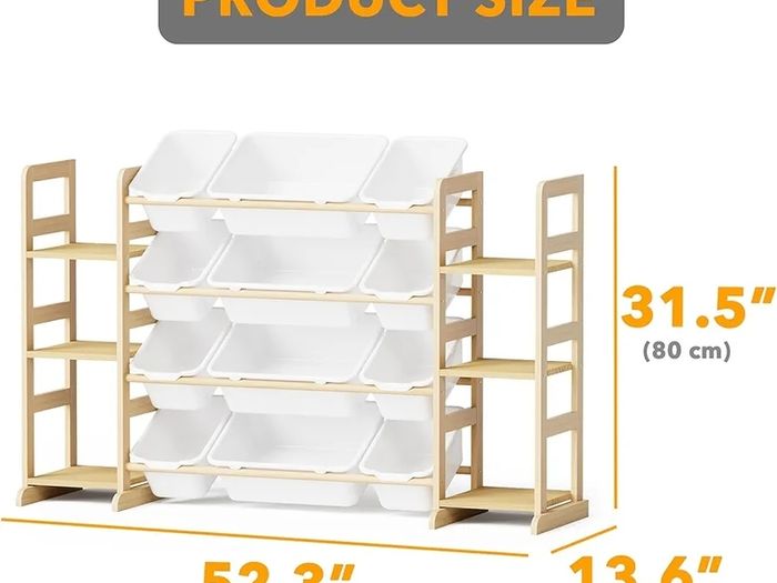 Toy Storage Organizer with 6 Shelves and 12 Bins, Bookshelf/Bookcase, Kids Bin Shelf, Toys Box for Playroom Organization for Bedroom & Room Decor, White, 52.3" W