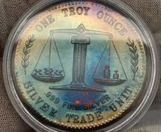 Silver Trade Unit One Troy Ounce .999 Fine Silver Coin Stunning Rainbow Toned Obverse and Reverse