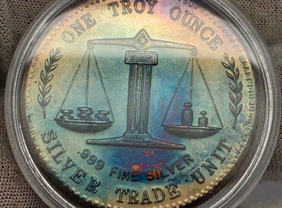 Silver Trade Unit One Troy Ounce .999 Fine Silver Coin Stunning Rainbow Toned Obverse and Reverse