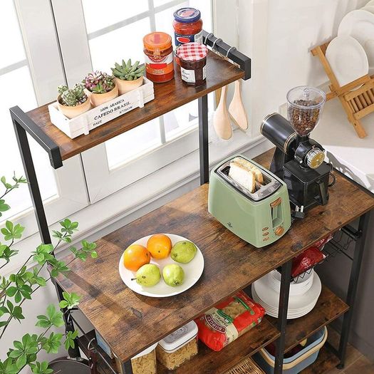 Bakers Rack with Shelves  Microwave Stand with Wire Basket, 6 S-Hooks, Kitchen Shelf, Utility Storage for Spices Pots and Pans Rustic Brown