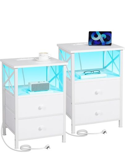 Bedside Table Set of 2, Side Table with Charging Station and Led Lights