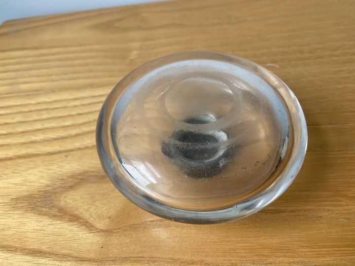 Hand Blown Round Glass Vintage Inkwell with Brass Hinged Collar and Lid c1900