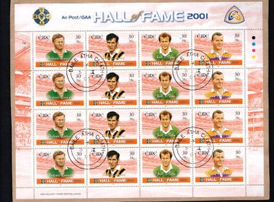 2001 Ireland GAA Hall of Fame (Padraic Carney, Frank Cummins, Jack O'Shea & Nicky Rackard) Commemorative Stamp Sheetlet Plate 1A1A1A1A Fine Used with Dublin CDS cancel of 5th September 2001 (First day of issued) on envelope extract