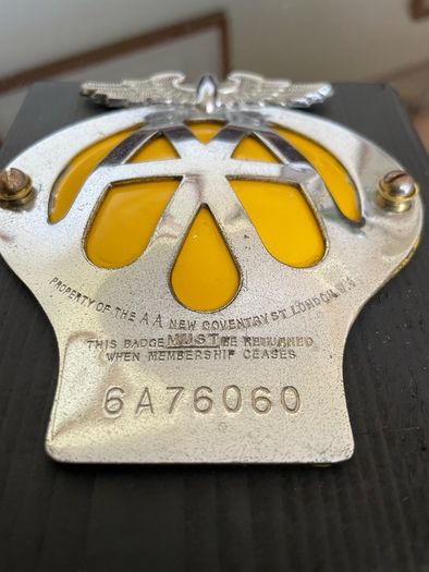 Classic AA Automotive Association Car Members Badge Mid 20th Century 1957 to 1959