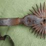 Antique handmade American wrought iron rider spores in western decor Americana rustic with original leather straps Image 7