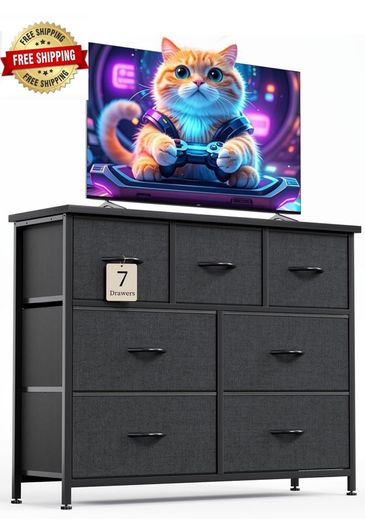 Chest of Drawers for Bedroom with 7 Drawers, Fabric Storage Drawer, Tall Black Hallway Storage Unit