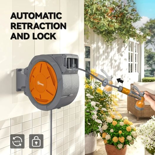 Retractable Hose Reel Wall Mounted, 30-2m Garden Hose Pipe Reel with Lock, Auto Rewind, 7 in 1 Spray Nozzle, Includes Wall Fixings, 180 Swivel, Outdoor Watering, 59 x 23 x 42 cm, Orange