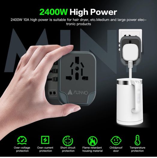 Universal Travel Adapter, International Travel Plug Adapter with 2 USB-C and 2 USB Ports, All in One Plug Adaptor with Dual Safety Fuses, UK to European Plug Adaptor for EU USA Australia etc