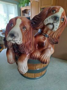Rare Vtg Cocker Spaniels Figurine Statue Brinns Portugal 10.5 x8 Inches Dogs in Bucket.