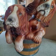 Rare Vtg Cocker Spaniels Figurine Statue Brinns Portugal 10.5 x8 Inches Dogs in Bucket.