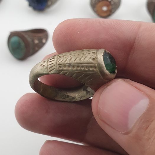 Antique Ring Lot 15 Mixed Brass, Stone & Glass Rings