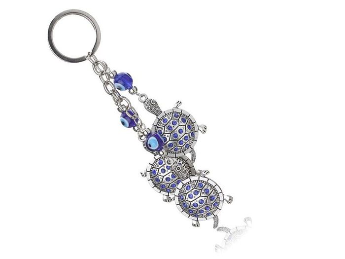 Keychain. EVIL EYE Lucky Blue Crystal Tortoises KeyChain.