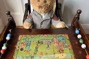 Antique High Chair folds Inlaid Play Table
