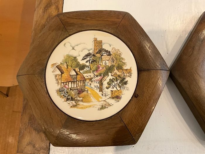 Vintage Plaques .Tikes in Oak Hexagon Shaped Frames