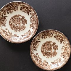 A Pair of Royal Staffordshire Tonquin Brown Transferware Saucers by Clarice Cliff