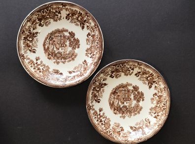 A Pair of Royal Staffordshire Tonquin Brown Transferware Saucers by Clarice Cliff